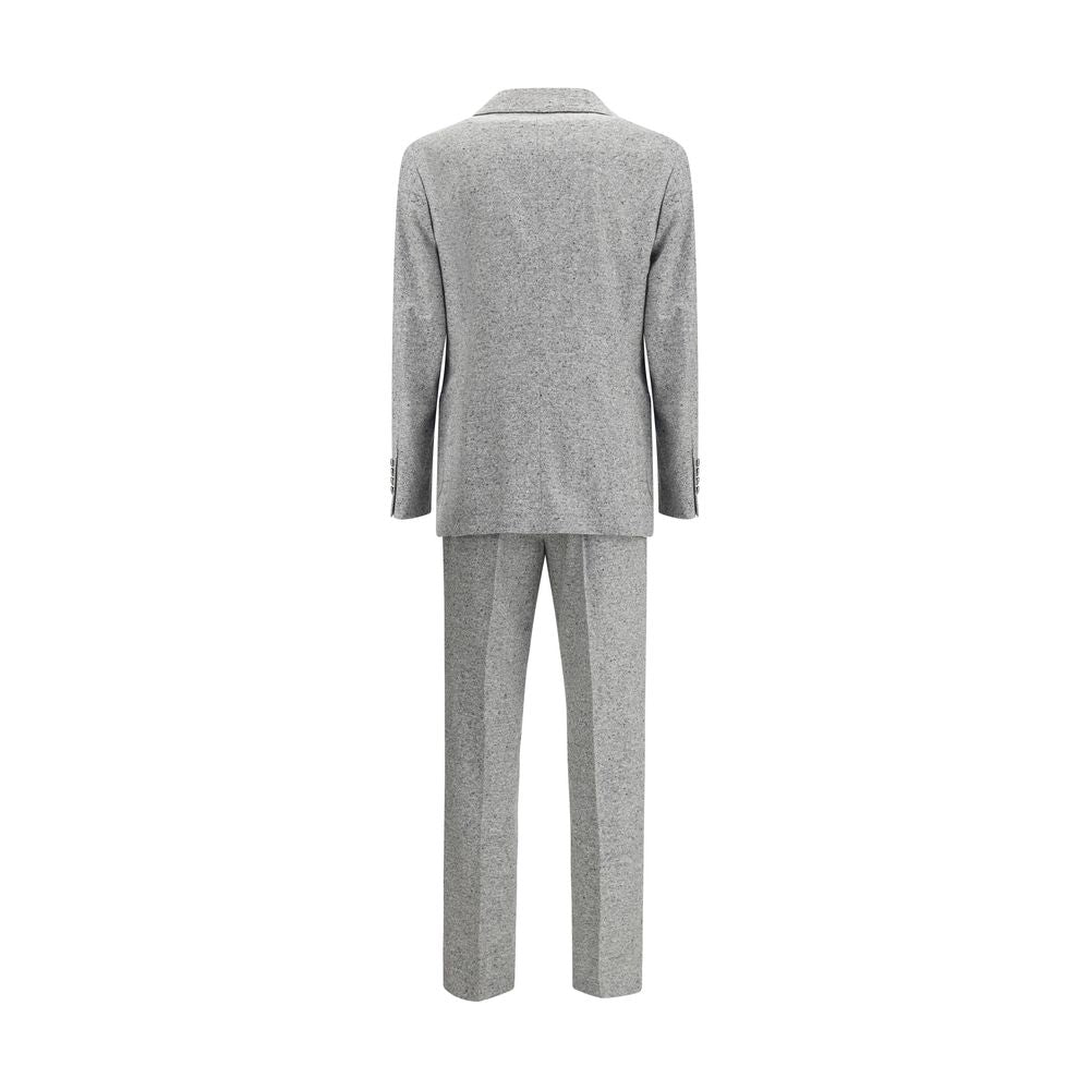 Brunello Cucinelli Gray Wool Two-Piece Suit with metal button closure, peaked lapels, and patch pockets for refined elegance.