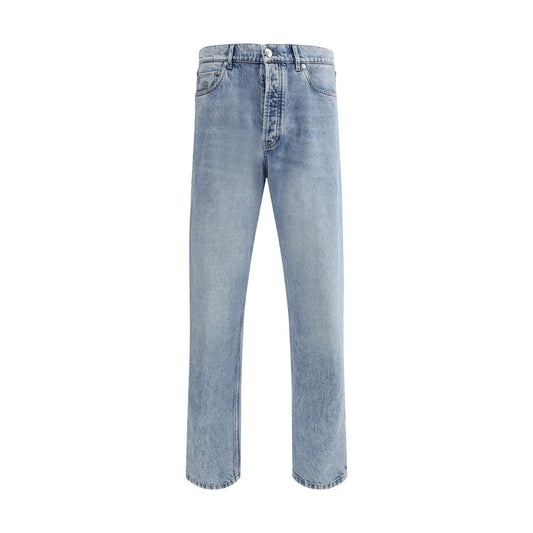 Brunello Cucinelli Light Blue Cotton Straight-Leg Jeans with classic five-pocket style and elegant front button closure.