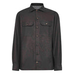 Brunello Cucinelli Long-sleeve flannel overshirt, brown wool with buttoned cuffs, polo collar, and chest pockets.