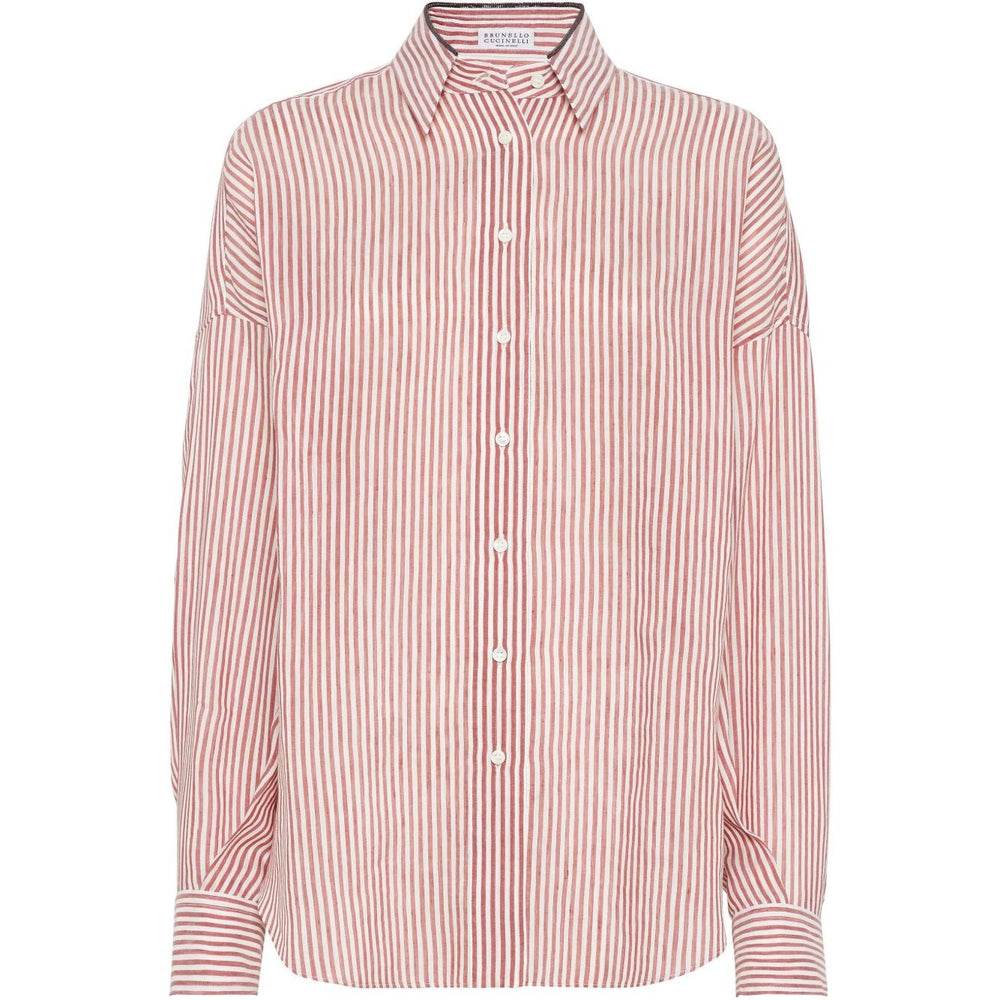 Brunello Cucinelli Shirts Bordeaux with striped linen, front button fastening, buttoned cuffs, and classic collar for a timeless look.