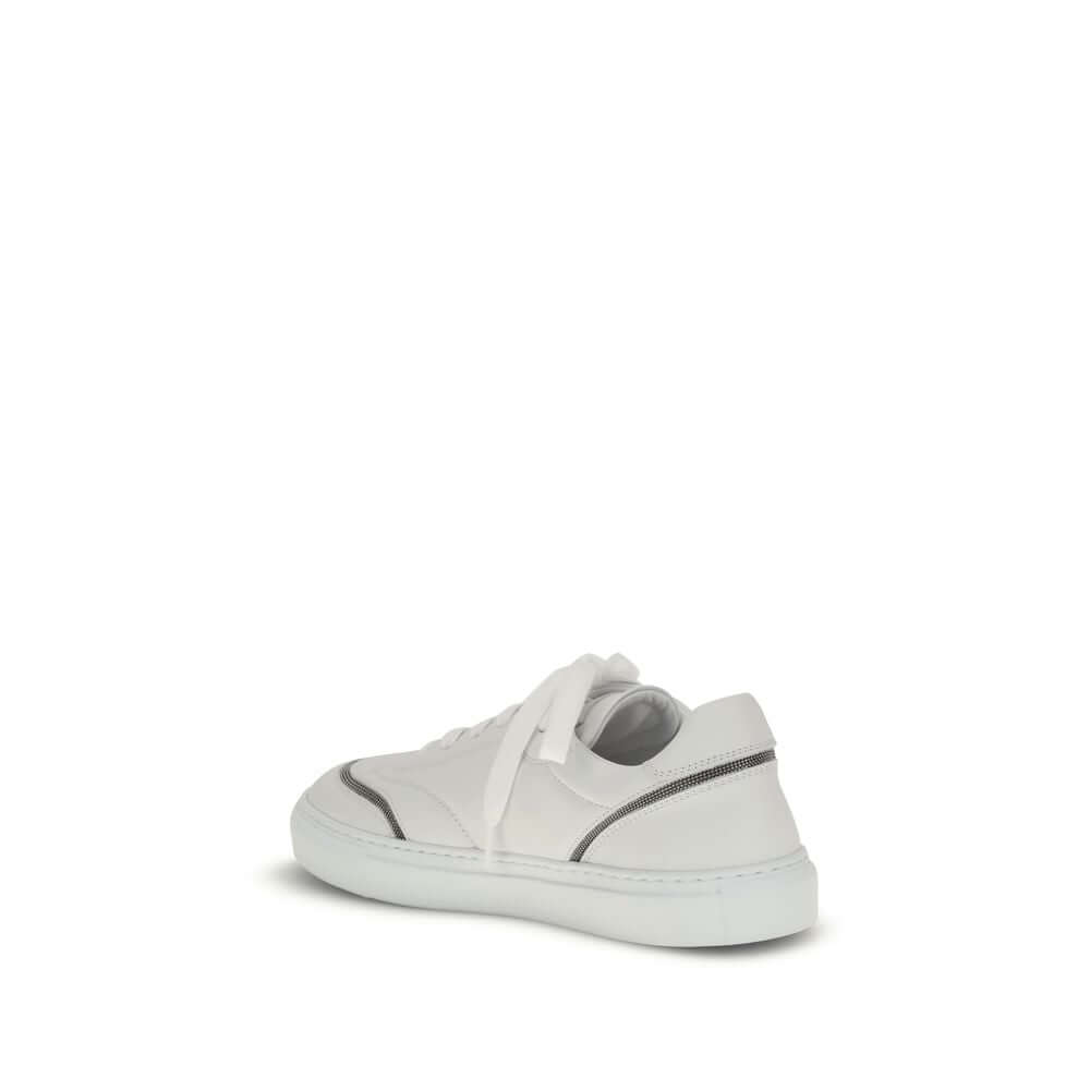 Rear view of Brunello Cucinelli White Calf Leather Bos Taurus Low Top Sneakers with shiny details and TPU rubber sole.