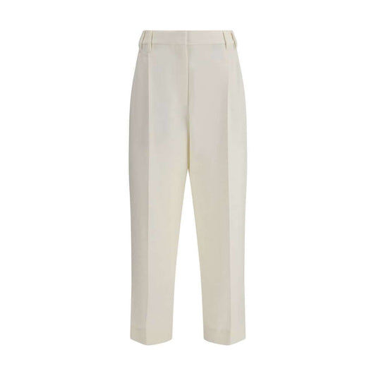 Brunello Cucinelli White Cotton Chino Pants with cropped ankle and straight leg design, featuring tailored front pleats, AW25 collection.