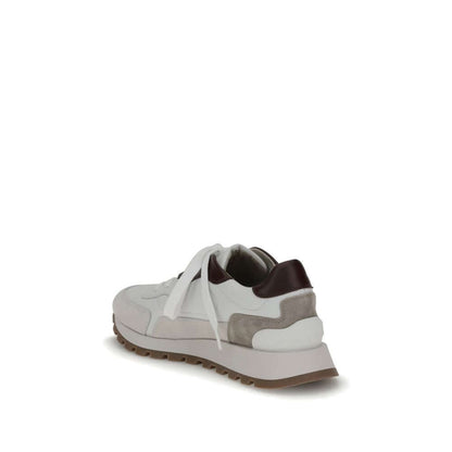 Brunello Cucinelli White Leather Athletic Sneakers with jewel decoration and microsole, side view.