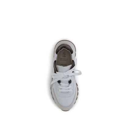 Top view of Brunello Cucinelli White Leather Athletic Sneakers with shiny jewel detail and flat cotton laces.