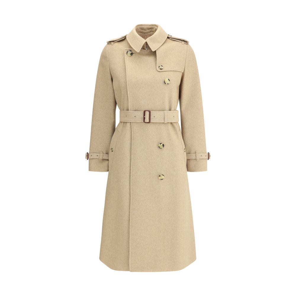 Burberry Beige Cashmere Coat with double-breasted design, hook-and-eye collar, and structured epaulettes.
