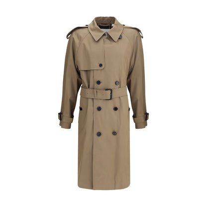 Burberry Beige Cotton Trench Coat with double-breasted design and B-shaped belt buckle, showcasing classic and modern style elements.