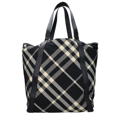 Burberry Black Fabric Shoulder Bag with check print, silver accents, and beige secondary color. Casual maxi-sized bag with handles.