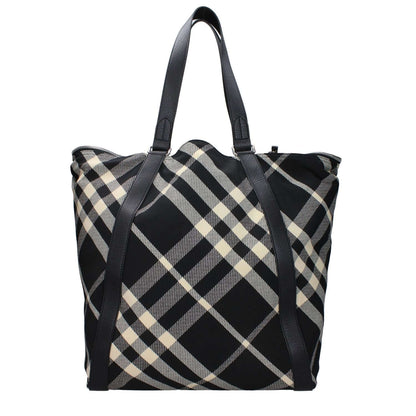 Burberry Black Fabric Shoulder Bag with check print, silver details, maxi size, and beige accents, featuring two long handles and pockets.