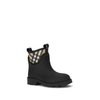Alt Tag: Burberry Black Rubber Ankle Boots with Equestrian Knight Design, stylish rain boots with round toe for AW25 season.
