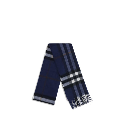 Alt Tag: Burberry Blue Cashmere Scarf with check pattern and fringed edges, elegant winter accessory.