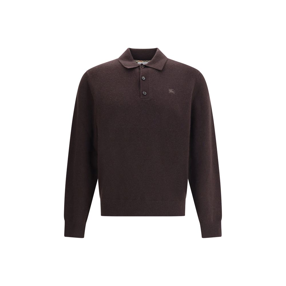 Burberry Brown Cashmere Cashmere Sweater with button placket and ribbed trim, featuring a classic design and Equestrian Knight embroidery.