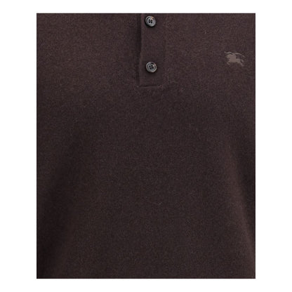 Burberry Brown Cashmere Cashmere Sweater with button placket and embroidered Equestrian Knight Design, showcasing luxury fashion details.