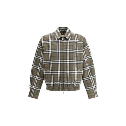 Burberry Green Wool Bomber featuring check pattern, double-slider zipper, and adjustable button cuffs for elegant style.