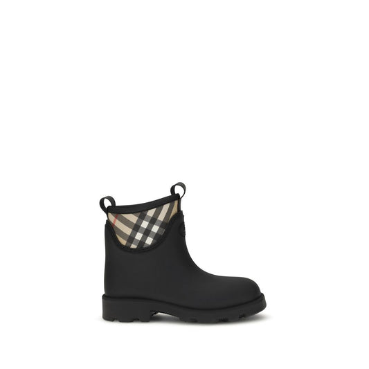 Burberry Marsh Stamp rubber Ankle Boots with Equestrian Knight design, featuring Burberry lettering on the sole, side view in black.