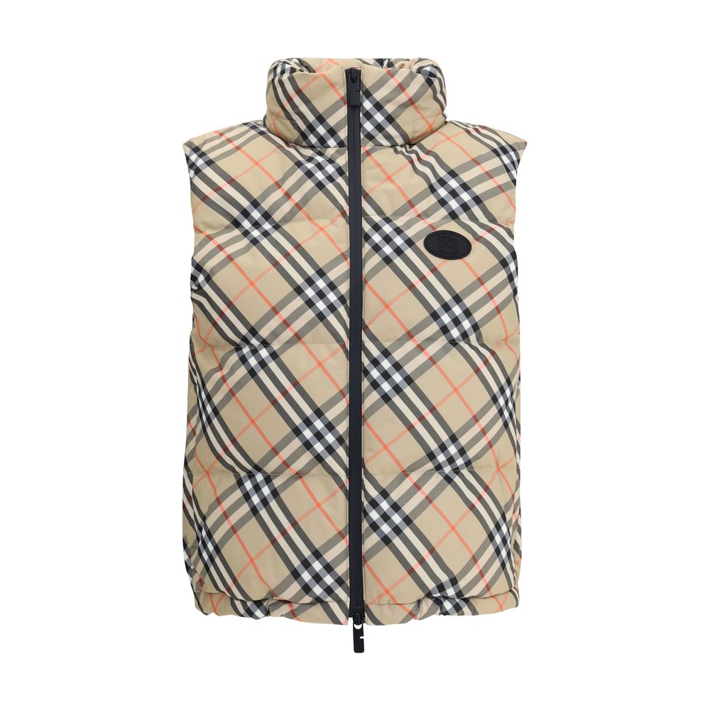 Burberry Multicolor Polyester Sleveless Jacket with iconic check pattern, featuring packaway hood and Equestrian Knight Design applique.