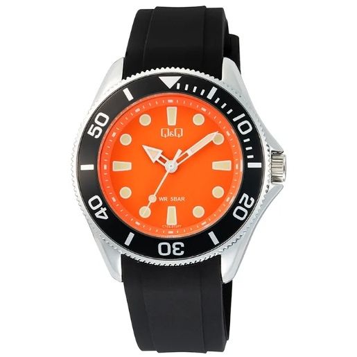 Q&Q Mod. GENT DIVER BLACK wristwatch with orange dial and black silicone strap, 41mm metal case, 5 ATM water resistance.