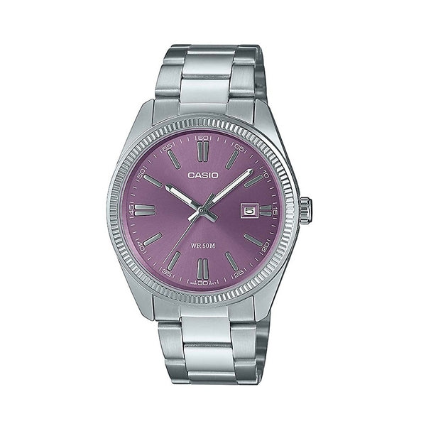 CASIO COLLECTION Mod. DATE - LILAC wristwatch with lilac dial, stainless steel bracelet, and quartz movement