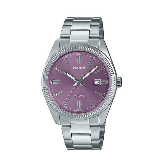 CASIO COLLECTION Mod. DATE - LILAC wristwatch with lilac dial, stainless steel bracelet, and quartz movement