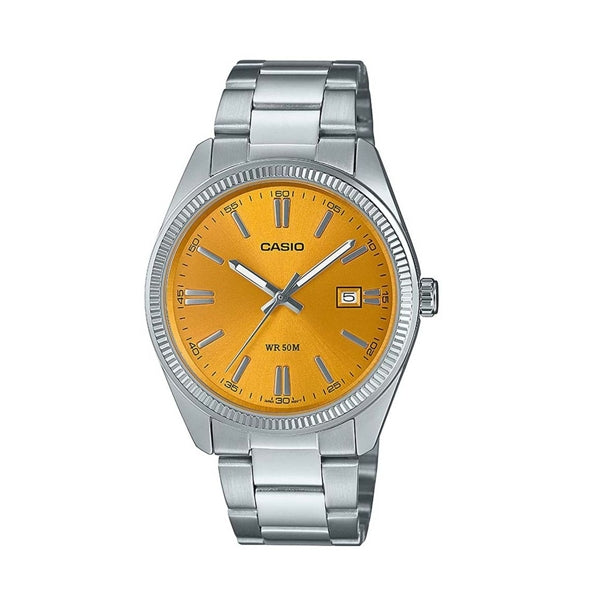 CASIO COLLECTION Mod. DATE - MUSTARD YELLOW wristwatch, water-resistant 5 ATM, stainless steel case and strap, quartz movement with date.
