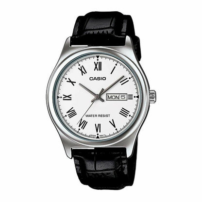CASIO COLLECTION Mod. DAY DATE ROMAN INDEXES, LEATHER - WHITE wristwatch with black leather strap and Roman numeral dial