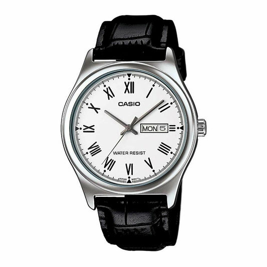 CASIO COLLECTION Mod. DAY DATE ROMAN INDEXES, LEATHER - WHITE wristwatch with black leather strap and Roman numeral dial