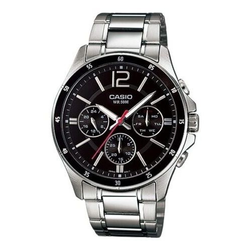 CASIO COLLECTION Mod. MULTIFUNCTION CALENDAR - BLACK wristwatch with stainless steel case and bracelet, featuring day and date functions.