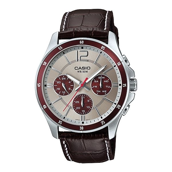 CASIO COLLECTION Mod. MULTIFUNCTION CALENDAR. LEATHER - TWO TONES wristwatch with leather strap and multifunction features.