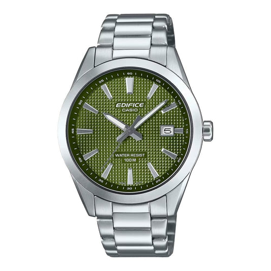 CASIO EDIFICE Mod. CLASSIC DATE - GREEN wristwatch with a stainless steel strap, water-resistant 10 ATM, 40mm case, green dial.