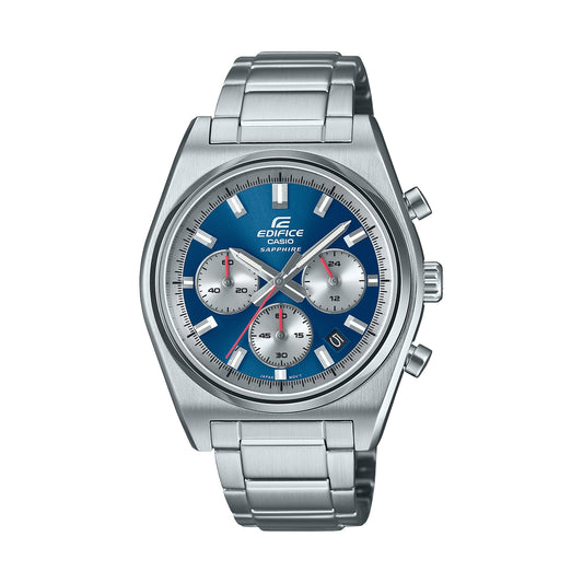 CASIO EDIFICE Mod. MOTORSPORT CHRONOGRAPH BLUE wristwatch with stainless steel case and bracelet, sapphire dial, and chronograph features.