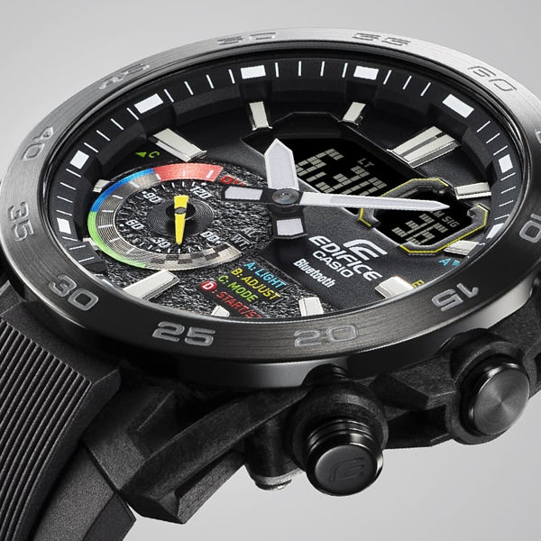 CASIO EDIFICE Mod. RACING MULTI COLOR SERIE watch with stainless steel and resin case, quartz movement, and multifunction dial.
