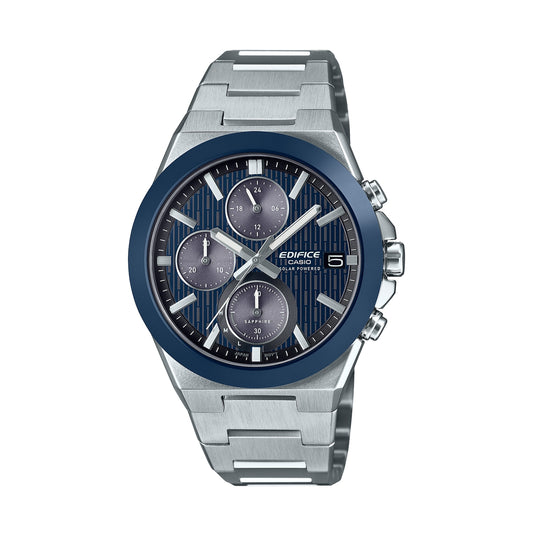 CASIO EDIFICE Mod. SOLAR POWERED CHRONOGRAPH - BLUE wristwatch, stainless steel strap, 10 ATM water resistance, blue dial.