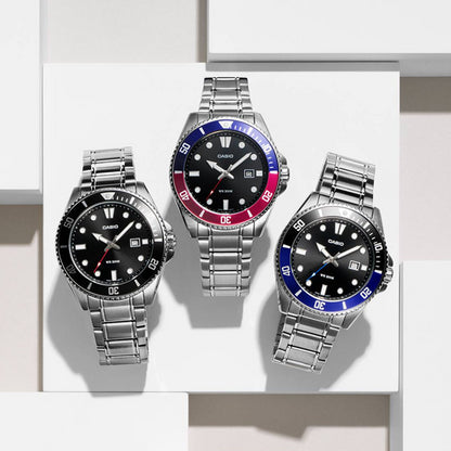 Three CASIO EU WATCHES Mod. MDV-107D-1A1VEF with stainless steel straps displayed on white background.