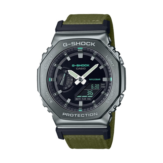 Alt Tag: CASIO G-SHOCK Mod. OAK METAL COVERED - UTILITY SERIE KHAKI GREEN wristwatch with fabric strap and multifunction quartz movement.