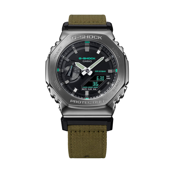 CASIO G-SHOCK Mod. OAK METAL COVERED - UTILITY SERIE KHAKI GREEN wristwatch with a stainless steel and resin case, fabric strap, quartz movement.