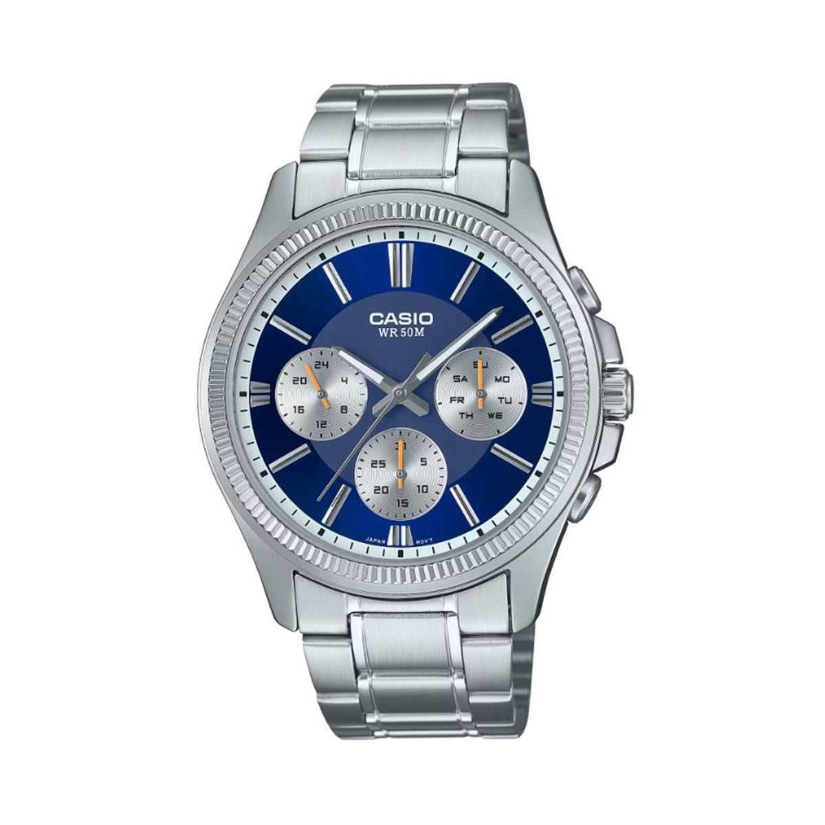 Alt Tag: CASIO Mod. DAY DATE MULTIFUNCTION - BLUE wristwatch, 5 ATM water resistant, stainless steel case and bracelet, quartz movement, official box.