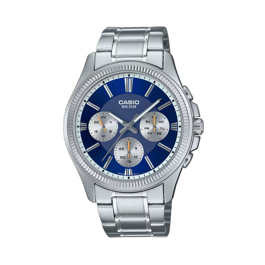 CASIO Mod. DAY DATE MULTIFUNCTION - BLUE wristwatch with stainless steel strap and blue dial, water resistant up to 5 ATM.