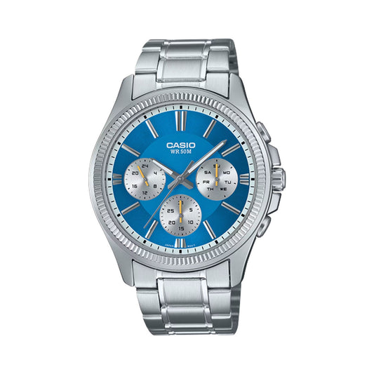 CASIO Mod. DAY DATE MULTIFUNCTION - LIGHT BLUE wristwatch, 5 ATM water resistance, stainless steel, quartz movement, blue dial.