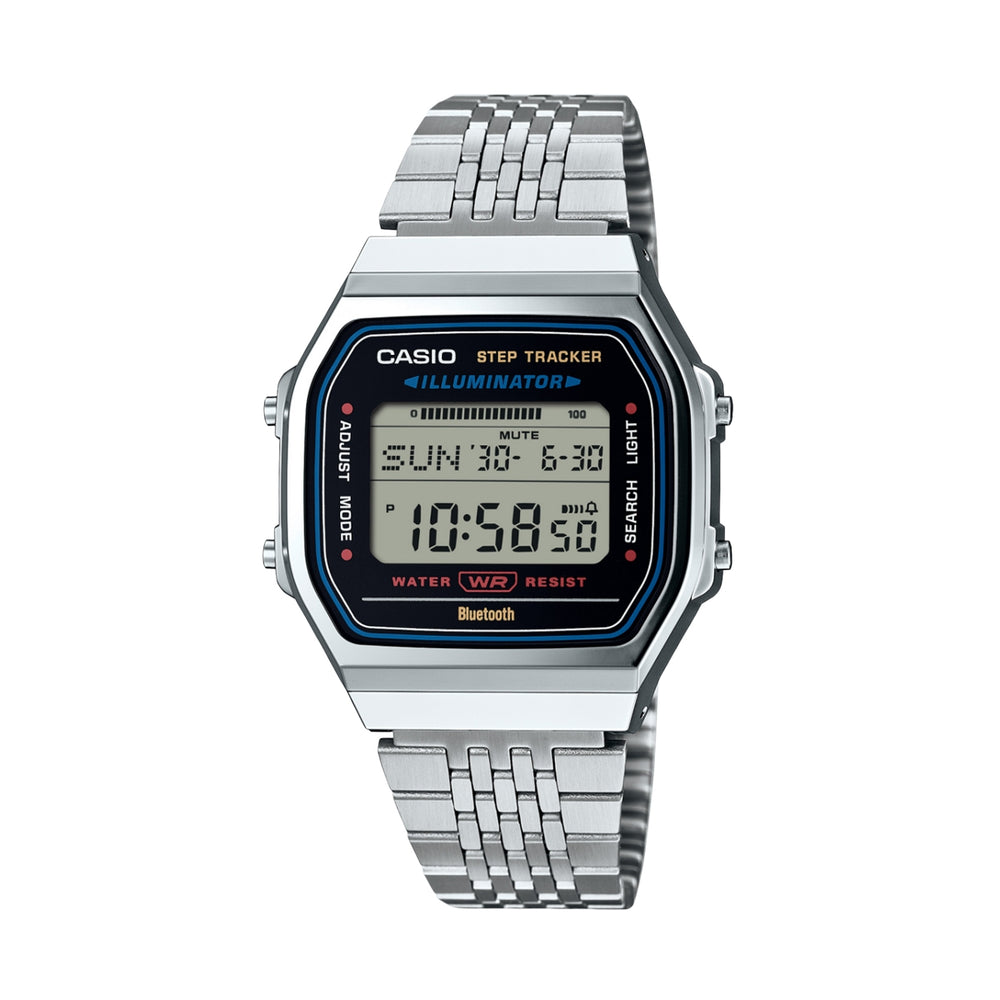 CASIO VINTAGE Mod. SILVER -BLUETOOTH® SMARTPHONE LINK w. built-in accelerometer senses body movements + steps counter ABL-100WE-1AEF