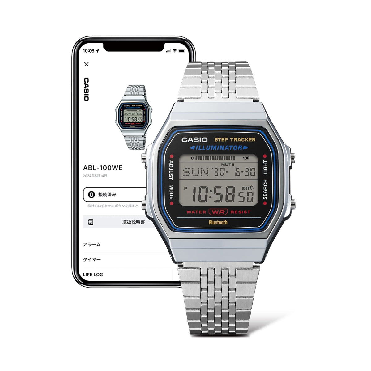 CASIO VINTAGE Mod. SILVER -BLUETOOTH® SMARTPHONE LINK w. built-in accelerometer senses body movements + steps counter ABL-100WE-1AEF