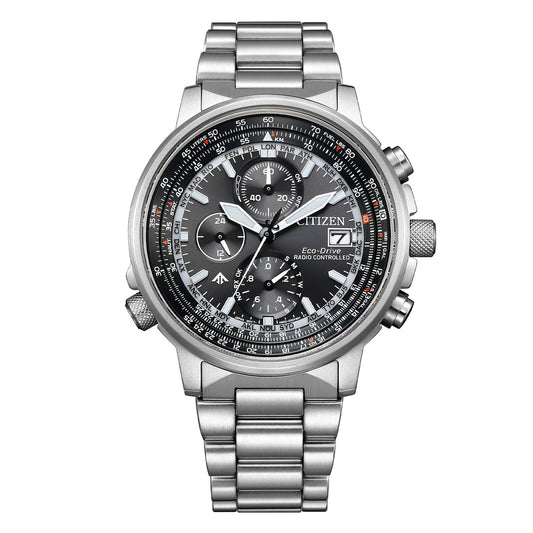CITIZEN MOD. AT8300-58E men's eco-drive watch with silver stainless steel band and black dial.