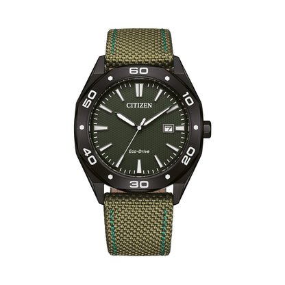 CITIZEN MOD. BM7635-01X watch with green face and strap, featuring Eco-Drive technology.