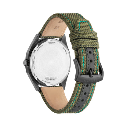 Back view of CITIZEN MOD. BM7635-01X with green strap and detailed stitching.