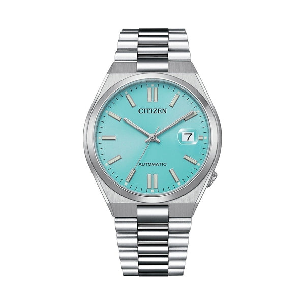 CITIZEN MOD. NJ0151-88M wristwatch with stainless steel bracelet, aqua dial, and date display, featuring a 40 mm case and sapphire crystal.