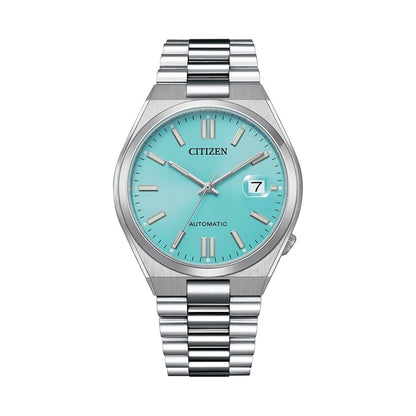 CITIZEN MOD. NJ0151-88M wristwatch with stainless steel bracelet, aqua dial, and date display, featuring a 40 mm case and sapphire crystal.