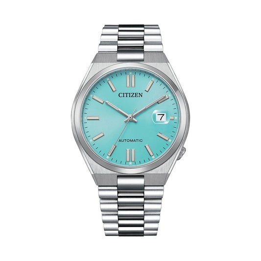 CITIZEN MOD. NJ0151-88M wristwatch with stainless steel bracelet, aqua dial, and date display, featuring a 40 mm case and sapphire crystal.