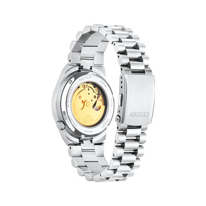 Back view of CITIZEN MOD. NJ0151-88M wristwatch showing stainless steel bracelet and visible mechanical automatic movement.