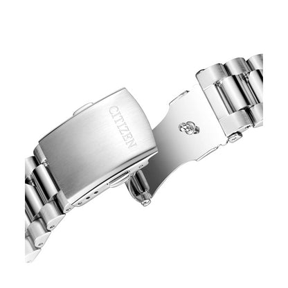 Stainless steel bracelet of CITIZEN MOD. NJ0151-88M wristwatch, showcasing clasp and links design.
