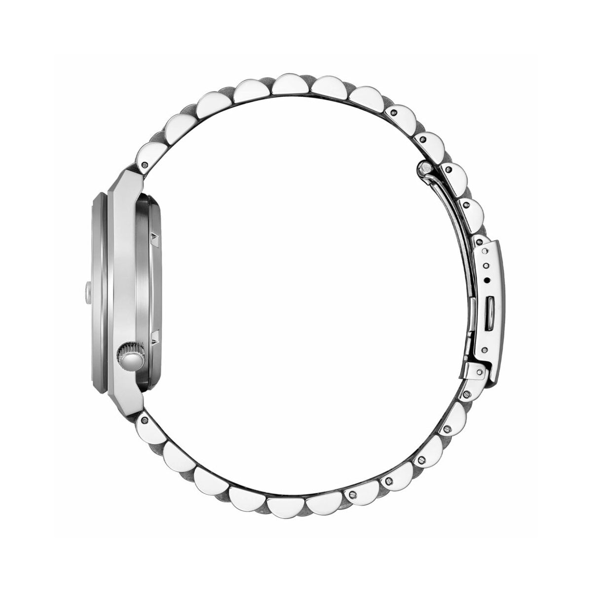 Side profile of CITIZEN MOD. NJ0200-50X watch showcasing its sleek design and stainless steel band.