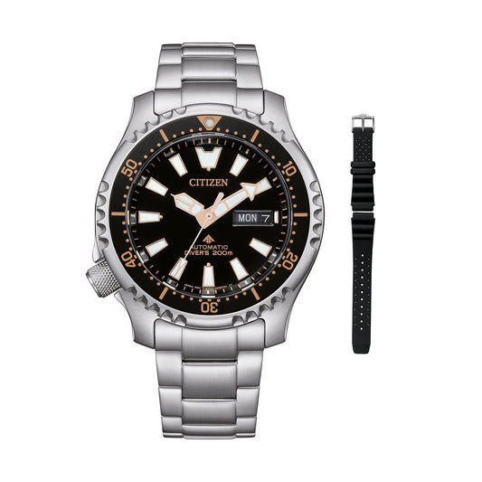 CITIZEN MOD. NY0160-66E stainless steel watch with black dial and additional strap, displaying day and date features.
