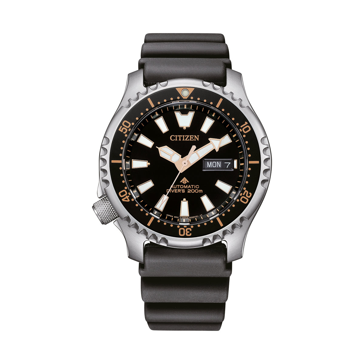 CITIZEN MOD. NY0160-66E watch featuring silver and black design with date display and durable strap.